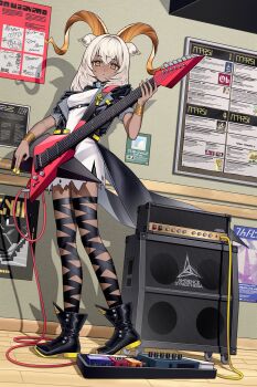 1girl absurdres amplifier animal_ears arknights beeswax_(arknights) black_boots black_collar black_jacket black_ribbon blonde_hair boots breasts bright_pupils bulletin_board chinese_commentary collar commentary_request dark-skinned_female dark_skin dress effects_pedal electric_guitar full_body goat_ears goat_girl goat_horns gold_horns guitar hair_between_eyes highres holding holding_guitar holding_instrument holding_plectrum horns indoors infection_monitor_(arknights) instrument jacket leg_ribbon long_hair looking_at_viewer open_clothes open_jacket pedal_board plectrum poster_(object) ribbon small_breasts solo torn_clothes torn_dress white_dress white_pupils wooden_floor yellow_eyes zhengqi_zhizi_sg