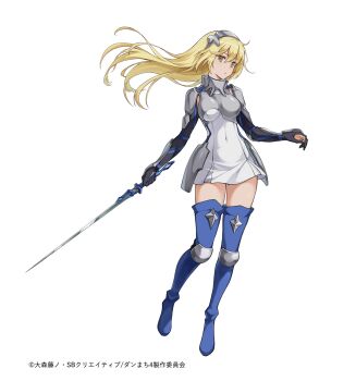 1girl aiz_wallenstein armor black_gloves blonde_hair boots breastplate breasts closed_mouth dress dungeon_ni_deai_wo_motomeru_no_wa_machigatteiru_darou_ka female_focus full_body game_cg gloves headgear highres holding holding_sword holding_weapon japanese_text large_breasts long_glove long_hair looking_at_viewer miniskirt navel official_art pleated_skirt scabbard sexually_suggestive sheath simple_background skirt solo solo_focus sword sword_oratoria thick_thighs thigh_boots thighhighs thighs translation_request weapon white_background white_dress white_skirt yellow_eyes zettai_ryouiki