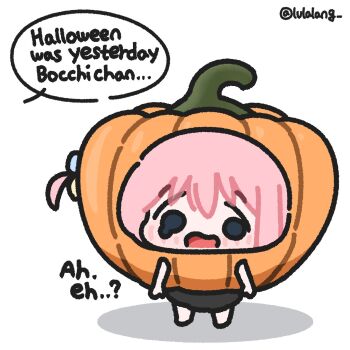 Rule 34 | 1girl, blue eyes, bocchi the rock!, chibi, chibi only, full body, gotoh hitori, halloween costume, highres, looking at viewer, lulalang, one side up, open mouth, pink hair, pumpkin costume, sad, simple background, solo, speech bubble, standing, white background