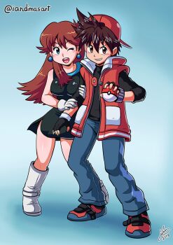 1boy 1girl ahoge armpit_crease bare_shoulders black_dress black_hair black_shirt blue_eyes boots breasts brown_eyes brown_hair denim dress earrings eyelashes bad_tag gloves gradient_background green_(pokemon) hair_between_eyes happy highres holding holding_another's_arm holding_poke_ball iandimas jacket jeans jewelry knees long_hair long_sleeves looking_at_viewer medium_breasts medium_hair neck nintendo one_eye_closed open_mouth pants poke_ball pokemon pokemon_adventures pokemon_masters_ex red_(pokemon) red_(sygna_suit)_(pokemon) shiny_skin shirt shoes short_dress side_slit sidelocks signature simple_background sleeveless sleeveless_dress sleeveless_jacket sneakers sphere_earrings spiked_hair standing thighs tight_clothes tight_dress white_boots white_gloves wink