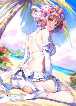 1girl bare_shoulders beach bikini blue_sky breasts brown_hair bucchake_(asami) cloud coconut_tree commission cumulonimbus_cloud date_a_live day flower frilled_bikini frills from_behind hair_flower hair_ornament high_heels looking_at_viewer medium_breasts open_mouth outdoors palm_tree pink_hair pixiv_commission short_hair sitting sky smile solo sonogami_rinne swimsuit tree wariza