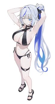1girl aokumo_rin armpits arms_behind_head arms_up bare_legs bare_shoulders bikini black_bikini black_choker blue_eyes blue_hair breasts choker cleavage closed_mouth criss-cross_halter full_body hair_ribbon halterneck heart heart_o-ring highres large_breasts long_hair looking_at_viewer multi-strapped_bikini_bottom multicolored_hair navel nbee_ya o-ring o-ring_bikini one_eye_closed ponytail ribbon sandals side-tie_bikini_bottom simple_background skindentation sling_bikini_top smile solo standing stellive stomach streaked_hair string_bikini swimsuit thigh_strap thighs two-tone_hair very_long_hair virtual_youtuber wet white_background white_hair