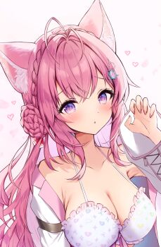 1girl :d absurdres animal_ear_fluff animal_ears antenna_hair bikini braid braided_bun breasts claw_pose cleavage commentary_request crossed_bangs crown_braid double-parted_bangs fingernails hair_bun hakui_koyori halterneck headset hexagon_hair_ornament highres hololive hololive_summer_2022_swimsuit large_breasts long_hair neru5 official_alternate_costume open_mouth pink_hair purple_eyes simple_background smile solo swimsuit virtual_youtuber white_background wolf_ears wolf_girl