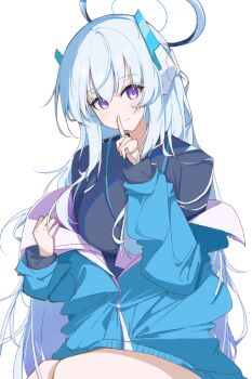 1girl blue_archive closed_mouth free_donut gym_uniform halo highres long_hair looking_at_viewer mechanical_halo noa_(blue_archive) purple_eyes simple_background smile solo very_long_hair white_background white_hair