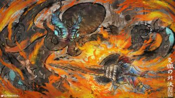 Rule 34 | 1boy, 1other, abbbbbbk, armor, artist name, black skin, blue eyes, colored skin, fire, highres, lance, monster hunter (series), nu udra, polearm, shield, spines, tentacles, weapon