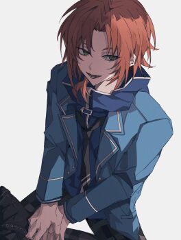 1boy black_boots black_necktie black_pants blazer blue_hoodie blue_jacket boots crossed_legs curtained_hair ensemble_stars! from_above green_eyes highres hood hoodie jacket krank lapels long_sleeves male_focus medium_hair necktie notched_lapels open_mouth orange_hair pants plaid_clothes plaid_pants school_uniform short_side_ponytail side_ponytail sitting solo tsukinaga_leo white_background yumenosaki_school_uniform