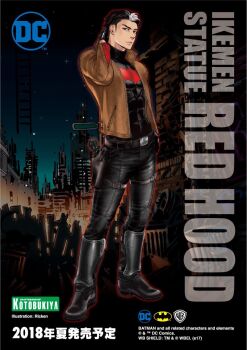 1boy ad bat_signal batman_(series) batman_symbol black_bodysuit black_gloves black_hair blue_eyes bodysuit brown_jacket copyright_name dc_comics english_text gloves jacket jason_todd kotobukiya kotobukiya_ikemen logo male_focus multicolored_bodysuit multicolored_hair muscular muscular_male open_clothes pants poster_(medium) propaganda red_hood_(dc) red_hood_and_the_outlaws ricken short_hair superhero_costume taut_bodysuit title two-tone_bodysuit white_hair