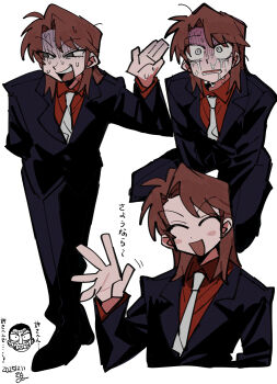 Rule 34 | 2boys, :d, ^ ^, absurdres, ahoge, arm behind back, bags under eyes, between legs, black eyes, black shoes, black suit, blank stare, blush stickers, brown hair, character request, closed eyes, collared shirt, crying, crying with eyes open, curtained hair, dated, doodle inset, dress pants, eyelashes, film grain, formal clothes, from above, grin, hand between legs, hand up, highres, ichijou seiya, jacket, kaiji, kneeling, lapels, leaning forward, long sleeves, looking at viewer, looking to the side, looking up, male focus, medium hair, motion lines, multiple boys, multiple views, narrowed eyes, necktie, nervous, nervous smile, nervous sweating, notched lapels, open mouth, parted bangs, rectangular mouth, red shirt, saliva, shirt, shoes, signature, simple background, smile, snot, suit, suit jacket, sweat, tears, translation request, turn pale, uotsu (sabakou), v-shaped eyebrows, very sweaty, waving, white background, white eyes, white necktie