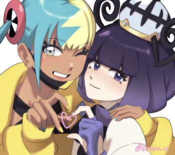 2girls ;d aqua_hair aqua_nails arm_around_shoulder bad_id bad_twitter_id bintoro_06 blonde_hair blunt_bangs bob_cut canari_(pokemon) closed_mouth coat commentary_request dark-skinned_female dark_skin eyelashes gloves gwynn_(pokemon) hat heart heart_hands heart_hands_duo jacket long_sleeves looking_at_viewer mega_stone multicolored_hair multicolored_nails multiple_girls nintendo one_eye_closed open_mouth partially_fingerless_gloves pokemon pokemon_legends:_z-a purple_eyes purple_gloves purple_hair short_hair smile split-color_hair twitter_username two-tone_hair two-tone_nails upper_body white_background white_coat yellow_jacket yellow_nails