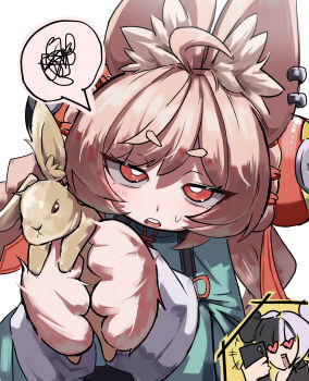 2girls absurdres ahoge animal animal_ear_fluff animal_ear_piercing animal_ears animal_hands aqua_shirt body_fur bright_pupils cellphone commentary_request dialyn_(zenless_zone_zero) furry furry_female heart heart-shaped_eyes highres holding holding_animal holding_phone kraken_bio long_hair long_sleeves looking_at_viewer multiple_girls open_mouth parted_bangs phone pink_fur pink_hair rabbit rabbit_ears rabbit_girl red_eyes shirt short_eyebrows simple_background small_sweatdrop smartphone smile solo_focus speech_bubble spoken_squiggle squiggle upper_body white_background white_pupils zenless_zone_zero zhao_(zenless_zone_zero)