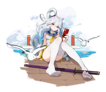 1girl astral_party cellphone highres horns katana long_hair non-web_source oni phone red_eyes ryugazaki_misaki smartphone swimsuit sword thighhighs very_long_hair weapon white_hair white_thighhighs
