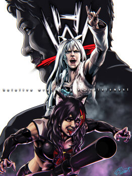 1boy 2girls animal_ear_fluff animal_ears arm_up black_hair blue_bow blue_eyes bow breasts brown_eyes buru-dai commentary_request crazy_smile detached_sleeves facial_hair fox_ears fox_girl fox_shadow_puppet highres hololive lips logo logo_parody long_hair multicolored_hair multiple_girls muscular muscular_female ookami_mio open_mouth parody red_bow red_hair shirakami_fubuki short_hair signature smile streaked_hair stubble teeth tongue tongue_out turret virtual_youtuber white_hair wolf_ears wolf_girl wrestler wwe yagoo yellow_eyes