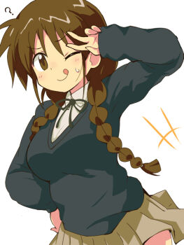 blush brown_hair digimon digimon_tamers digimon_tamers:_boso_digimon_tokkyu long_hair n36hoko one_eye_closed school_girl_(digimon_tamers) skirt tongue tongue_out wink