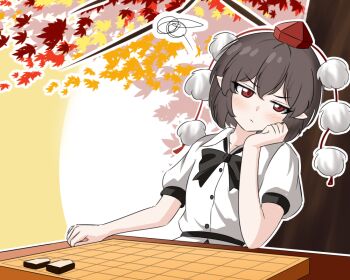 Rule 34 | 1girl, angry, autumn leaves, black bow, black bowtie, black hair, blouse, blush, board game, bow, bowtie, collared shirt, commentary, glaring, hand on own face, hat, head tilt, leaf, mfng235717, outline, pointy ears, pom pom (clothes), puffy short sleeves, puffy sleeves, red eyes, red hat, shameimaru aya, shirt, shogi, short hair, short sleeves, solo, squiggle, tokin hat, touhou, white outline, white shirt, wing collar