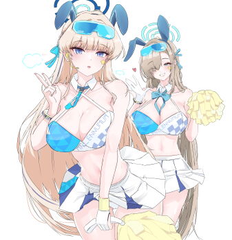 Rule 34 | 2girls, absurdres, alternate costume, animal ears, arin6006, asuna (blue archive), asymmetrical bangs, blonde hair, blue archive, blue eyes, breasts, cheerleader, closed mouth, crop top, dog ears, eyewear on head, fake animal ears, gloves, goggles, goggles on head, hair over one eye, halo, highres, holding, holding pom poms, long hair, looking at viewer, millennium cheerleader outfit (blue archive), mole, mole on breast, multiple girls, navel, one eye closed, pom pom (cheerleading), pom poms, rabbit ears, single glove, skirt, smile, sports bra, star (symbol), star sticker, sticker, sticker on face, text print, toki (blue archive), two-tone sports bra, v, white background, white gloves, white skirt