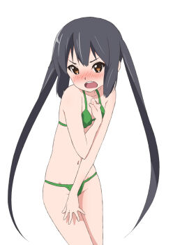 1girl bikini black_hair blush brown_eyes covering_privates embarrassed errant female_focus hand_on_own_chest k-on! long_hair nakano_azusa navel open_mouth round_teeth simple_background solo swimsuit teeth twintails very_long_hair