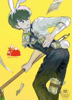 1boy animal_ears black_hair black_pants black_vest bow bowtie collared_shirt fake_animal_ears frown hibiki_ryouga highres looking_back male_focus money p-chan pants piglet poppoco_nn rabbit_ears rabbit_tail ranma_1/2 shirt solo sweatdrop tail vest watermark white_shirt yellow_background