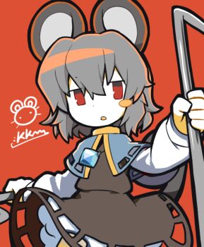 1girl animal_ears black_skirt black_vest blue_capelet blue_gemstone blush_stickers capelet circle_skirt collared_capelet commentary cowboy_shot diamond_(gemstone) dot_nose dowsing_rod english_commentary expressionless gem grey_hair hair_between_eyes high_collar holding holding_rod jitome kokum0tsu long_sleeves looking_at_viewer miniskirt mouse_(animal) mouse_ears mouse_girl mouse_tail nazrin open_mouth petticoat puffy_long_sleeves puffy_sleeves red_background red_eyes rod shirt short_hair signature simple_background single_blush_sticker skirt skirt_set solo tail touhou vest white_shirt