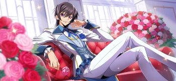 1boy artist_request black_hair blue_flower blue_ribbon blue_rose blue_vest blurry blurry_background bouquet buttons closed_mouth code_geass code_geass:_lost_stories collared_shirt couch crossed_legs flower formal_clothes game_cg hair_between_eyes hand_up happy highres holding holding_flower indoors jacket leaning_back legs lelouch_vi_britannia long_legs long_sleeves looking_at_viewer male_focus neck_ribbon non-web_source official_art on_couch pants pink_flower pink_rose pinstripe_pattern pinstripe_vest purple_eyes red_flower red_rose ribbon rose shirt short_hair sidelocks sitting smile solo sparkle tailcoat vest white_jacket white_pants white_shirt window