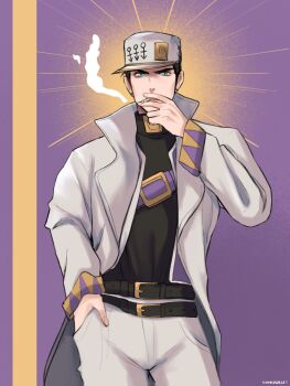 1boy androgyne_symbol belt black_shirt blue_eyes coat commentary cowboy_shot diamond_wa_kudakenai english_commentary hand_in_pocket highres jojo_no_kimyou_na_bouken kookirani kuujou_joutarou long_sleeves looking_at_viewer male_focus multiple_belts pants shirt short_hair signature smoke solo white_coat white_pants