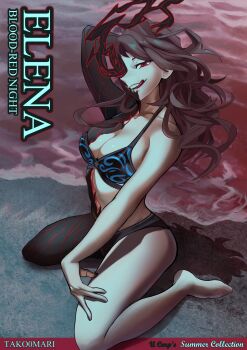 1girl :q absurdres arm_up beach bikini black_bikini black_skin brown_hair colored_skin distortion_(project_moon) elena_(project_moon) highres library_of_ruina looking_at_viewer outdoors parted_lips project_moon red_water sand sitting smile solo swimsuit tako0mari tongue tongue_out wariza waves