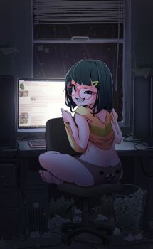 1girl 4chan black_eyes black_hair brown_panties chair clothes_lift computer computer_keyboard dark_yaoi feet female_focus from_behind full_body glasses grin hair_ornament loli looking_at_viewer messy_room neet pale_skin panties pedobear shirt shirt_lift shoulder_blades sitting smile soles solo thick_thighs thighs toes trash trash_can underwear yellow_shirt