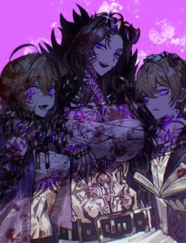 1boy 2girls belt blonde_hair blue_eyes book breasts chanil_(muexlku) chest_sarashi commentary_request don_quixote_(project_moon) eyewear_on_head frown fur_collar glowing glowing_eyes glowing_tattoo headpat highres korean_commentary large_breasts limbus_company middle_(identity)_(project_moon) multiple_girls navel orange_eyes project_moon purple_background rodion_(project_moon) sarashi shadow sinclair_(project_moon) smile sunglasses tattoo teeth toned toned_female upper_teeth_only yellow_eyes