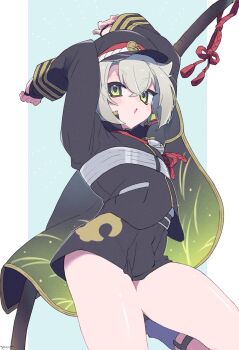 Rule 34 | 1boy, black cape, black hat, black shirt, black shorts, blush, cape, commentary, crossed bangs, gradient cape, grass print, green eyes, grey hair, grey socks, hat, highres, homare (g hmr88), hotarumaru, long sleeves, looking at viewer, male focus, open mouth, peaked cap, red ribbon, ribbon, shirt, short shorts, shorts, socks, solo, thighs, touken ranbu