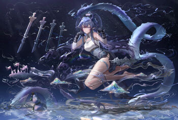 Rule 34 | 1girl, absurdres, arknights, bare shoulders, barefoot, black gloves, blue hair, breasts, china dress, chinese clothes, commentary request, dragon girl, dragon horns, dragon tail, dress, gloves, gourd, grey dress, highres, horns, ling (arknights), looking at viewer, medium breasts, night, ponytail, sky, sleeveless, sleeveless dress, solo, star (sky), starry sky, tail, thigh strap, wangzili shitoumen