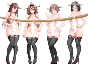 Rule 34 | 4girls, ahoge, black hair, boots, breasts, brown hair, convenient censoring, double bun, flipped hair, glasses, green-framed eyewear, grey eyes, hair between eyes, hair bun, hair ornament, hairband, hairclip, haruna (kancolle), haruna kai ni (kancolle), headgear, hiei (kancolle), hiei kai ni (kancolle), highres, kantai collection, kirigakure (kirigakure tantei jimusho), kirishima (kancolle), kirishima kai ni (kancolle), kongou (kancolle), kongou kai ni (kancolle), large breasts, long hair, looking at viewer, multiple girls, navel, nude, purple eyes, short hair, simple background, smile, thigh boots, very long hair, white background, yellow eyes