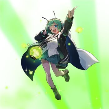 1girl alternate_costume antennae black_jacket blue_eyes boots brown_boots cape fantastic_danmaku_festival fireflies full_body game_cg green_hair green_skirt headphones jacket lace-up_boots lantern long_sleeves looking_at_viewer official_art one_eye_closed open_mouth pleated_skirt scorpion5050 shirt skirt smile solo third-party_source touhou transparent_background white_cape white_shirt wriggle_nightbug