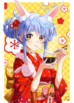 1girl alternate_hair_length_(shorter) animal_ears back_bow blue_hair blush bow braid braided_bun breasts checkered_background commentary_request don-chan_(usada_pekora) double_bun extra_ears food hair_bun hair_ornament highres hololive japanese_clothes kanzashi kimono large_bow mochi mochi_trail momone_cco multicolored_hair new_year obi official_alternate_costume official_alternate_hairstyle orange_eyes origami rabbit-shaped_pupils rabbit_ears red_kimono sash shirt short_eyebrows sidelocks signature sleeves_rolled_up small_breasts solo symbol-shaped_pupils tassel tassel_hair_ornament tasuki thick_eyebrows two-tone_hair upper_body usada_pekora usada_pekora_(new_year) v-shaped_eyebrows virtual_youtuber white_hair white_shirt yellow_background zouni_soup