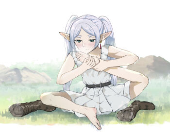1girl barefoot belt black_belt boots brown_boots collarbone commentary dress earrings elf frieren grass green_eyes holding_own_foot jewelry jinsai_sa_sa long_hair on_grass parted_bangs pointy_ears sitting sleeveless sleeveless_dress solo sousou_no_frieren toes twintails unworn_boots white_dress white_hair