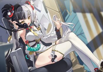 Rule 34 | 1girl, absurdres, bare shoulders, black dress, black hair, blush, braid, braided hair rings, braided twintails, breasts, china dress, chinese clothes, commentary request, crossed legs, detached sleeves, dialyn (zenless zone zero), dress, earrings, gold trim, hair ornament, hair rings, hairclip, highres, jewelry, long hair, medium breasts, multicolored hair, necktie, open mouth, panda hair ornament, phone, pom pom (clothes), pom pom hair ornament, sb lama, sitting, smile, solo, split-color hair, tassel, thighhighs, thighs, two-tone dress, white dress, white hair, white thighhighs, yellow eyes, zenless zone zero