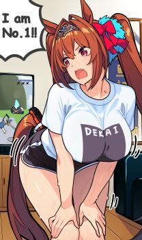 1girl absurdres animal_ears breasts brown_hair daiwa_scarlet_(umamusume) english_text fang hand_on_own_knee highres horse_ears horse_girl horse_tail indoors large_breasts nintendo_switch_2 open_mouth red_eyes reibun_(raven1119) shirt skin_fang solo speech_bubble sweat tail tiara twintails umamusume umbrella white_shirt