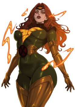 1girl bird bodysuit boots breasts cam_the_art_guy elbow_gloves energy fire gloves green_bodysuit highres jean_grey large_breasts long_hair looking_at_viewer marvel marvel_rivals medium_breasts multicolored_bodysuit phoenix red_hair simple_background solo superhero_costume thigh_boots thighhighs two-tone_bodysuit x-men yellow_boots yellow_gloves yellow_thighhighs