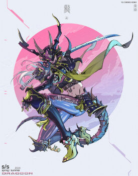 1girl 2024 armor artist_name black_armor black_helmet black_horns blue_pants border breasts closed_mouth clothes_writing cloud covered_eyes crop_top cyberpunk cyborg dated dragon_horns dragon_tail dragoon facing_viewer fake_horns floating_clothes floating_hair from_side full_body gauntlets gold_trim gradient_background grey_border grey_horns hand_on_own_knee hand_up helmet highres hip_armor holding holding_sword holding_weapon horned_helmet horns japanese_armor kabuto_(helmet) katana knee_armor knee_up long_hair mechanical_arms mechanical_legs mechanical_tail medium_breasts midriff multiple_horns navel on_one_knee original outside_border pants pink_background rope round_border samurai science_fiction serious shiny_clothes shirt shoulder_armor shoulder_spikes solo spikes stomach_tattoo sword tail tassel tattoo title toned toned_female turning_head weapon white_hair yellow_rope yu_cheng_hong