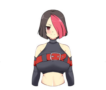 Rule 34 | 1girl, armpit crease, bare shoulders, belt, belt buckle, black hair, black shirt, blush, breasts, buckle, chest belt, collarbone, commentary, crop top, detached sleeves, english commentary, hair over one eye, kometoze, large breasts, light smile, linea alba, looking at viewer, midriff, multicolored hair, red belt, red eyes, red hair, senran kagura, senran kagura new wave, shirt, short hair, simple background, sleeveless, sleeveless shirt, solo, two-tone hair, ukyou (senran kagura), white background