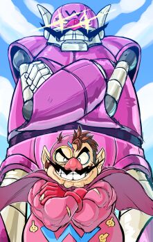 Rule 34 | 1boy, absurdres, battle damage, cleft chin, crossed arms, facial hair, gunbuster pose, highres, mechawario, muscular, muscular male, mustache, nintendo, pointy ears, teevo, torn clothes, wario-man, wario land, warioware