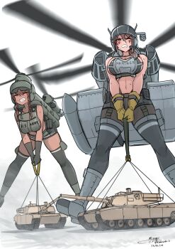 2girls absurdres aircraft artist_name black_gloves black_thighhighs boots braid braided_sidelocks breasts brown_hair ch-47_chinook ch-53 clenched_teeth commentary_request dated english_text exercising facial_mark gloves grey_boots helicopter highres large_breasts long_hair mecha_musume military_vehicle motor_vehicle multiple_girls one_eye_closed original personification propeller signature standing sweat tank teeth teisei_misagi thighhighs twitter_username v-shaped_eyebrows weightlifting yellow_gloves