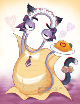 1boy alternate_costume animal_ears artist_name bell black_bow blush bow cat_boy cat_ears chanti_(chantilin) chinese_commentary chromatic_aberration clippy commentary commission drawn_blush drawn_clothes english_commentary enmaided film_grain food frilled_shirt_collar frills half-closed_eyes head_tilt holding holding_plate jingle_bell kemonomimi_mode lined_paper looking_at_viewer maid maid_headdress male_focus male_pregnancy microsoft_office mixed-language_commentary necktie omelet omurice paid_reward_available paperclip patreon_username plate pregnant solo tail tail_bell tail_ornament what white_background