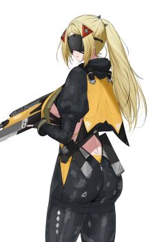 1girl ass black_gloves black_pants black_shrug blindfold_mask blonde_hair camouflage camouflage_jacket camouflage_pants commentary covered_eyes cowboy_shot english_commentary fingerless_gloves from_behind gloves gun gunblade hair_ornament highres holding holding_weapon jacket latex_pants long_hair looking_back mask mulhubs open_mouth pants ponytail rifle shrug_(clothing) simple_background sniper_rifle solo tight_clothes tight_pants triangle_hair_ornament trigger_(zenless_zone_zero) weapon white_background zenless_zone_zero zipper_pull_tab