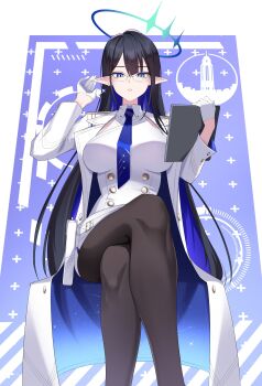 1girl absurdres black_hair black_pantyhose blue_archive blue_eyes blue_halo blue_necktie blush breasts coat colored_inner_hair crossed_legs dress elf feet_out_of_frame glasses gloves halo highres holding holding_tablet_pc kurosaki_saya large_breasts long_hair long_sleeves looking_at_viewer mole mole_under_eye multicolored_hair necktie open_clothes open_coat pantyhose pointy_ears rin_(blue_archive) round_eyewear slit_pupils solo tablet_pc very_long_hair white_coat white_dress white_gloves
