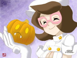Rule 34 | 1girl, aether foundation uniform, alternate costume, big hair, breasts, buttons, cleavage, closed eyes, creatures (company), fhss5734, food, game freak, gen 6 pokemon, glasses, gloves, hat, holding, holding food, holding pumpkin, holding vegetable, jack-o&#039;-lantern, jumpsuit, large breasts, nintendo, overalls, pink-framed eyewear, pokemon, pokemon sm, pumpkaboo, pumpkin, purple hair, short hair, short sleeves, solo, turtleneck jumpsuit, vegetable, white gloves, white hat, white jumpsuit, white overalls, white uniform, wicke (pokemon)