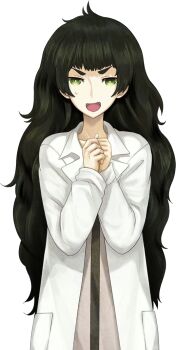 1girl blunt_bangs brown_jacket collar collarbone fingernails flat_chest forced_smile game_cg green_collar green_eyes green_hair green_trim hiyajou_maho huke jacket jacket_over_dress lab_coat large_variant_set long_hair looking_at_viewer messy_hair nervous_sweating non-web_source official_art open_mouth own_hands_together science_adventure smile solo sprite steins;gate steins;gate_0 sweat tongue transparent_background v-shaped_eyebrows variant_set very_long_hair