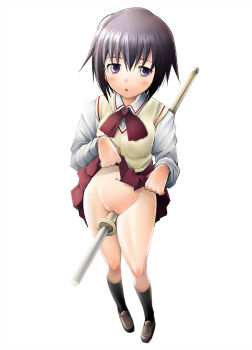 00s 1girl bamboo_blade black_hair blush cleft_of_venus clothes_lift crotch_rub female_focus full_body kawazoe_tamaki navel no_panties purple_eyes pussy sakai_hamachi school_uniform serafuku shinai short_hair simple_background skirt skirt_lift socks solo sword uncensored weapon white_background