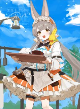 1girl arknights commentary dress food grey_hair highres holding holding_tray infection_monitor_(arknights) jewelry k-yosinori long_hair long_sleeves looking_at_viewer onigiri open_mouth orange_dress orange_eyes outdoors rabbit_girl solo teeth thighlet tray twintails upper_teeth_only warmy_(arknights) watermark