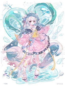 1girl absurdres ahoge black_eyes blush chinese_commentary chinese_text commentary_request daren_biehuashuile dress english_text flower full_body hair_flower hair_ornament heart heart_ahoge highres long_hair looking_at_viewer low-tied_sidelocks mixed-language_text original shuangyaji sidelocks smile solo very_long_hair water white_hair