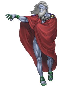 Rule 34 | 1boy, ald, beard, blue skin, cape, colored skin, devil summoner (series), facial hair, fire, full beard, highres, long beard, long hair, male focus, muscular, muscular male, mustache, no eyes, no male underwear, prometheus (devil summoner), red cape, sandals, shin megami tensei, simple background, smoke, temple, white background, white hair