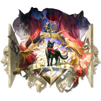 animal animal_focus arknights black_cat blue_eyes blue_gemstone bow bowtie brooch cat cat_stretch curtains full_body gem highres jewelry knife miss_christine_(arknights) multiple_tails nekomata official_art phantom_(arknights) red_bow red_bowtie sequential simple_background solo stage_curtains stretching sword tail third-party_source transparent_background two_tails weapon yuji_(fantasia)